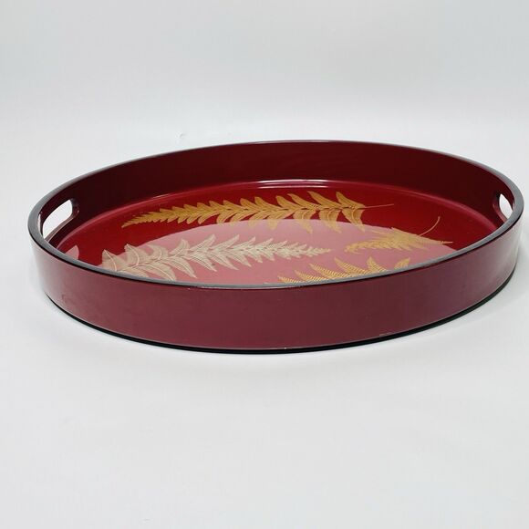 VTG Gold Silver Lacquerware Fern Rust Red Round Serving Tray 13" Marusei Japan - Picture 4 of 12